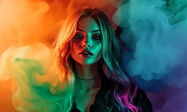 Woman with long hair stands in colorful swirling smoke