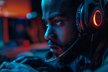Focused gamer immersed in gameplay, showcasing intense concentration and modern gaming technology.