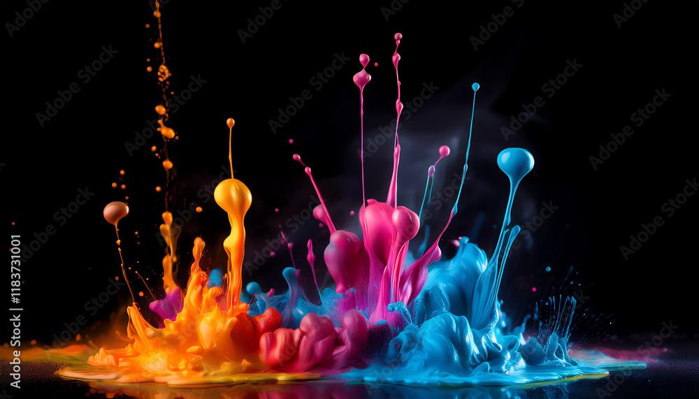 Poster vibrant splashes of colorful paint create an energetic and dynamic visual against a black background