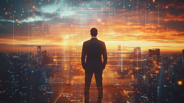 A businessman stands in front of a cityscape, surrounded by digital data, technology, and a global network concept