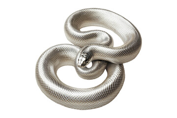 Fototapeta premium Coiled silver snake sculpture with detailed scales isolated on white transparent background, reptiles or wildlife, symbolizing Chinese Lunar New year
