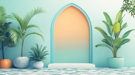 Tropical Plants Flanking a Pastel Archway Display