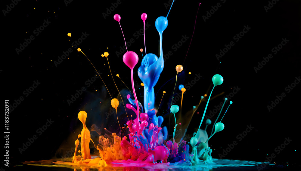 Poster a vivid explosion of colorful paint splashes against a black background, creating a dynamic and arti