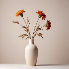 A ceramic vase with a single dried flower, isolated on a white surface.