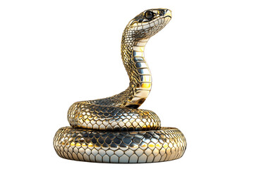 Fototapeta premium Coiled silver and golden snake sculpture with detailed scales isolated on white transparent background, reptiles or wildlife, symbolizing Chinese Lunar New year