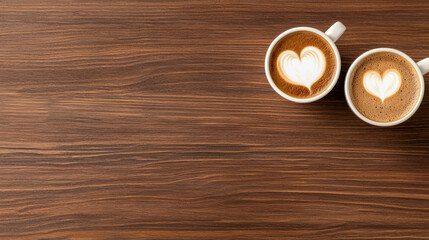 Two coffee cups with heart shaped foam art on wooden table, creating warm and inviting atmosphere. Perfect for cozy coffee break or romantic setting