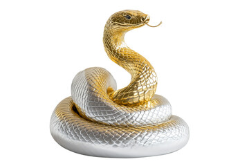 Fototapeta premium Coiled silver and golden snake sculpture with detailed scales isolated on white transparent background, reptiles or wildlife, symbolizing Chinese Lunar New year