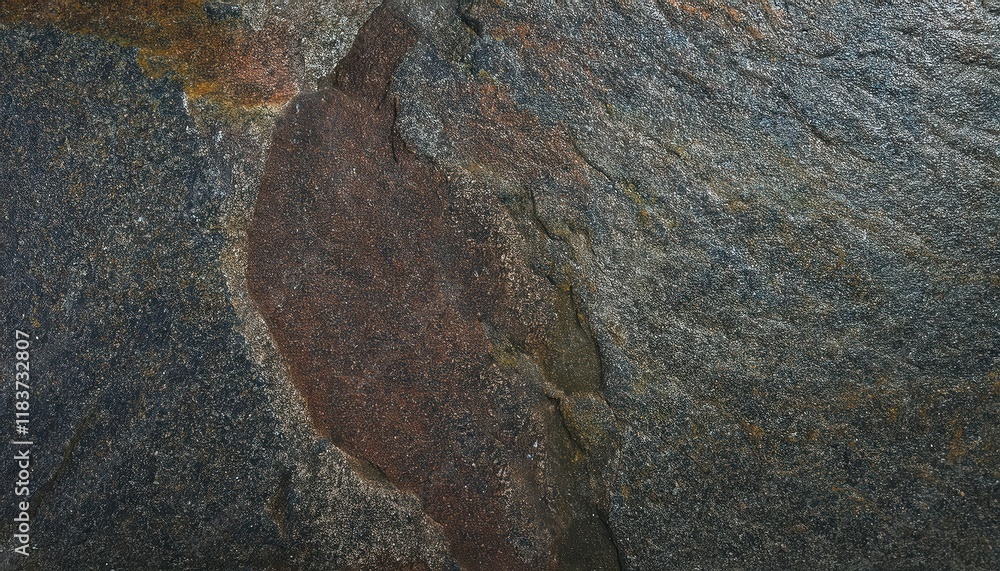Poster close-up of textured dark slate stone surface with natural rough patterns and earthy tones for use in background design or texture projects