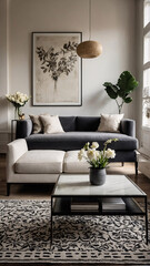 Spacious and modern living room with a luxurious sofa black and white theme and large windows allowing natural light Contemporary Interior Design Inspiration