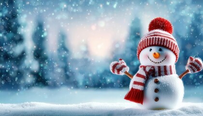 adorable snowman with red striped hat and scarf in snowy winter landscape, soft glowing bokeh lights, perfect for festive holiday designs