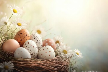 Obraz premium Speckled Easter Eggs with Daisies in Soft Sunlight, A serene display of speckled Easter eggs nestled in grass, surrounded by white daisies, with soft sunlight and a blurred bokeh background. 