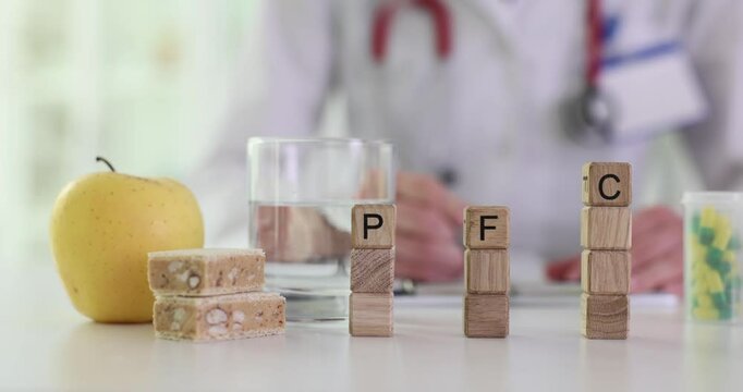 Miniature wooden blocks form abbreviation PFC on table. Nutritionist prescribes balanced diet and vitamins to support function of prefrontal cortex