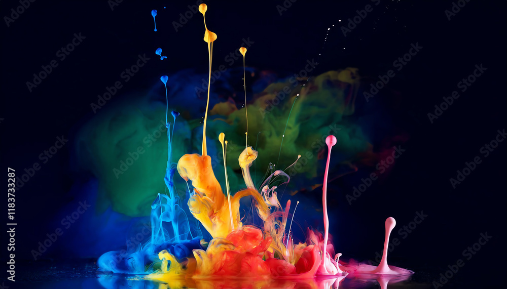 Poster a vibrant explosion of colorful paint splashes against a dark background, showcasing dynamic movemen