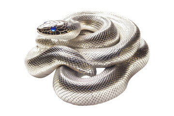 Coiled silver snake sculpture with detailed scales isolated on white transparent background, reptiles or wildlife, symbolizing Chinese Lunar New year