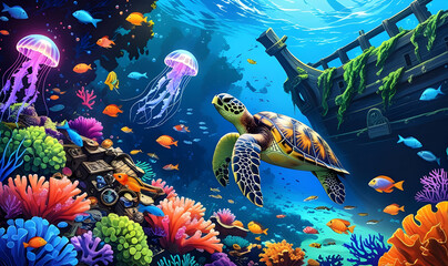 Naklejka premium Enchanted Underwater Reef A Sunken Pirate Treasure Wonderland