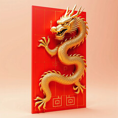 Obraz premium Red Chinese Envelope lunar chinese New year With Golden Dragon - 3D Illustration