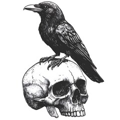 Fototapeta premium Raven on Skull, Dark Art Illustration