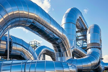 Naklejka premium Industrial Piping System Modern Engineering and Complex Metallic Infrastructure Under Blue Sky