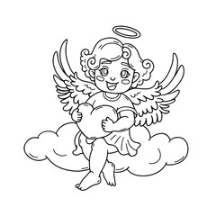 Cute cupid sitting on cloud with heart. Cherub with curly hair and dress. Happy Valentine's day doodle character. Children's coloring book. Amour Baby Angel. God of love. Vector outline illustration.