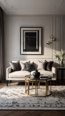 Fototapeta premium Bright and airy black and white living room with large windows luxury seating and contemporary interior design Contemporary Interior Design Inspiration