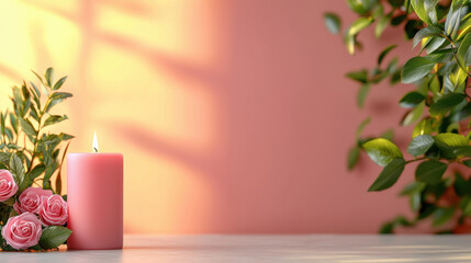 romantic dinner setting with pink candle and roses on table, surrounded by green leaves, creating warm and inviting atmosphere