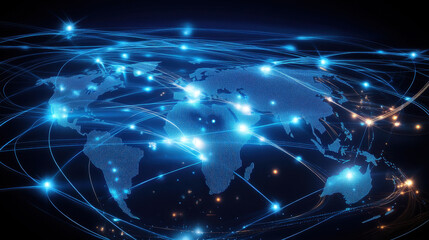 Obraz premium Abstract digital map of the world with glowing connections and blue lights representing a global network