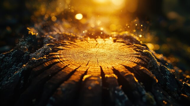 Magical Tree Stump at Sunset: Golden Light and Sparkling Dust
