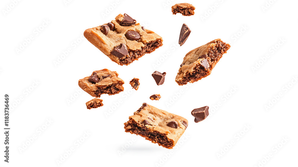 Poster falling broken chocolate chip cookies isolated on white background with clipping path, flying biscui