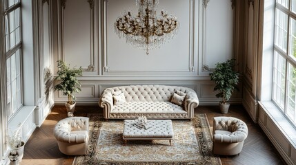 Elegant Living Room Interior Design: Luxurious Sofa, Chandelier, and Classic Decor