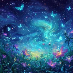 Enchanting Night Garden With Luminescent Butterflies