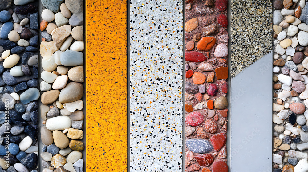Poster Exposed aggregate concrete with different colored pebbles in close-up