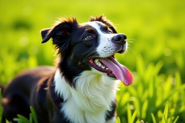 Black and white Border Collie looking up with tongue out in sunny grass, playful, natural beauty