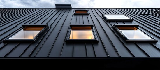 Modern Architecture: Sleek Black Roof with Illuminated Skylights