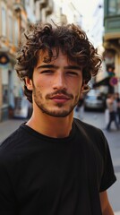 Obraz premium A young man stands confidently on a lively street, showcasing his curly hair and engaging expression amidst the charm of urban architecture.