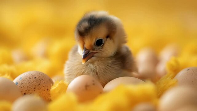 Fluffy chick surrounded by vibrant yellow feathers and speckled eggs, captured in soft focus