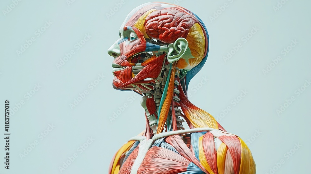 Poster artistic human anatomy chart highlighting the skeletal structure with color-coded muscles and joints