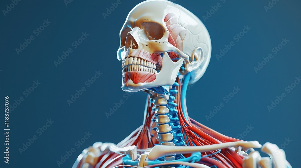 Poster artistic human anatomy chart highlighting the skeletal structure with color-coded muscles and joints