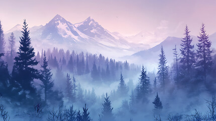 Foggy snow-covered coniferous forest, trees in the winter shroud, snow-capped mountains on the horizon, winter epic landscape