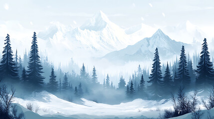 Foggy snow-covered coniferous forest, trees in the winter shroud, snow-capped mountains on the horizon, winter epic landscape