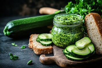 Jar of green zucchini spread alongside whole wheat sandwiches on a dark rustic backdrop representing healthy summer vegetarian fare