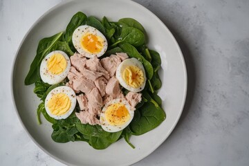 Keto dinner of fresh salad with boiled egg and spinach served on a white plate Overhead view