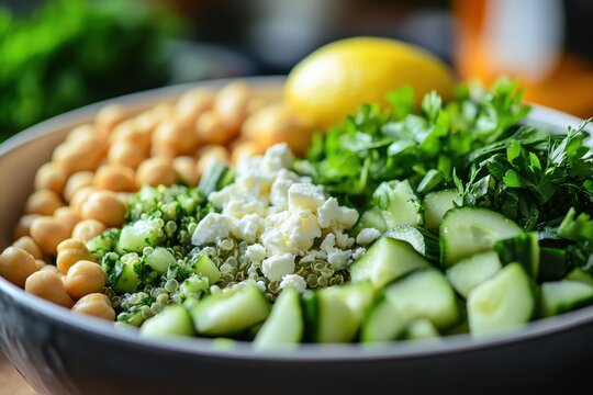 Jennifer Aniston s salad features quinoa cucumber herbs pistachios chickpeas and feta drizzled with lemon juice and olive oil it s fresh crunchy and rich in pla