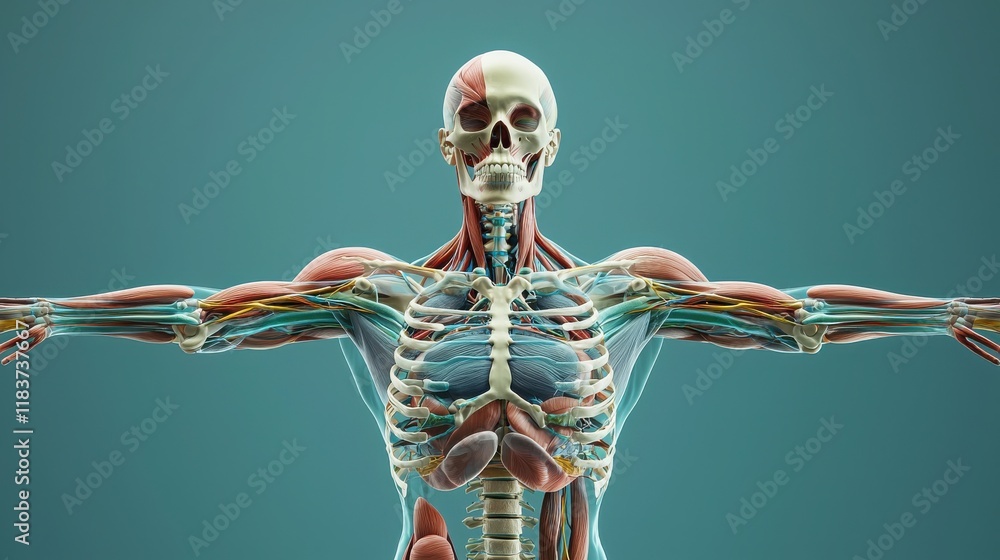 Poster artistic human anatomy chart highlighting the skeletal structure with color-coded muscles and joints