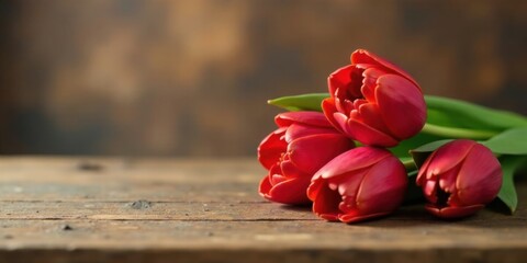 A vibrant bouquet of crimson tulips rests gently on a rustic wooden surface