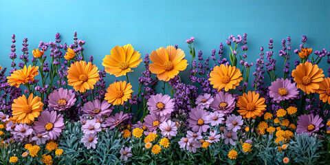 Vibrant display of yellow and purple flowers with green stems, set against a bright blue background, evoking spring and beauty.
