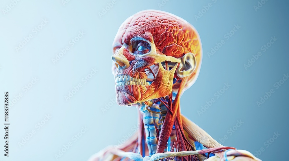 Poster artistic human anatomy chart highlighting the skeletal structure with color-coded muscles and joints
