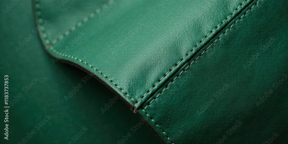 Aufkleber close-up view of detailed emerald green leather texture with visible stitching