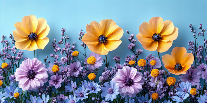 Kolorowa kompozycja kwiat&oacute;w w odcieniach ż&oacute;łtego, fioletowego i niebieskiego na tle jasnoniebieskim