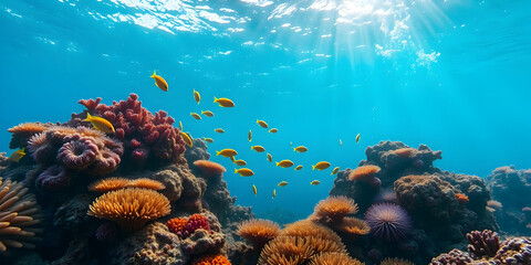 Vibrant coral reef, crystal clear blue water, colorful tropical fish, sunbeams penetrating water surface, underwater photography, vibrant colors, marine ecosystem, scuba diving scene, natural beauty, 