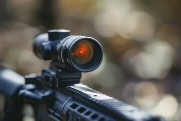 Magnifying lens positioned behind a red dot sight on an AR 15 outdoors